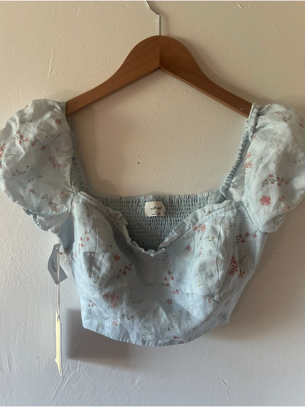 NWT Wilfred Wander Linen Pale Blue Floral Puff Sleeve Crop Top XS